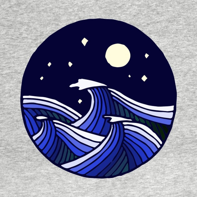 Line drawing: Stylized waves in moonlight in blue and white by AtlasMirabilis